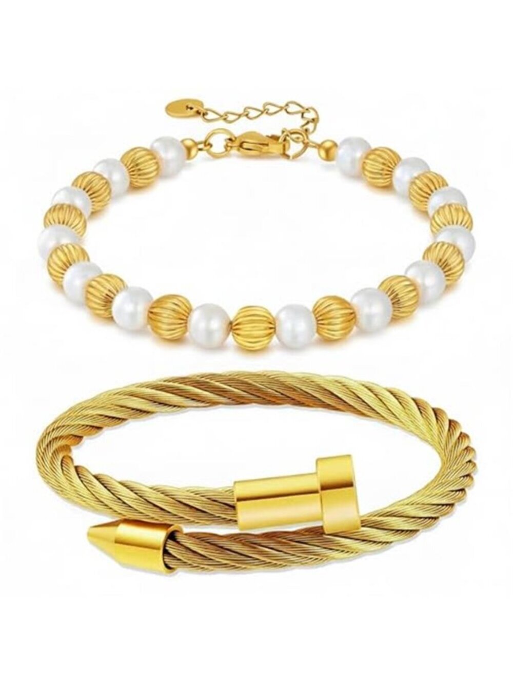 2PCS 18K Gold Plated Nail Bangle & beaded Bracelet Set for Women, Adjustable